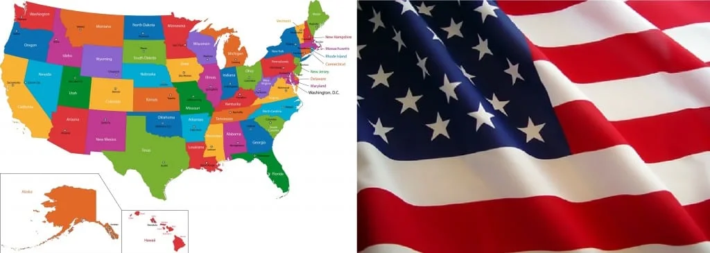 Colorful USA map with states and capital cities
